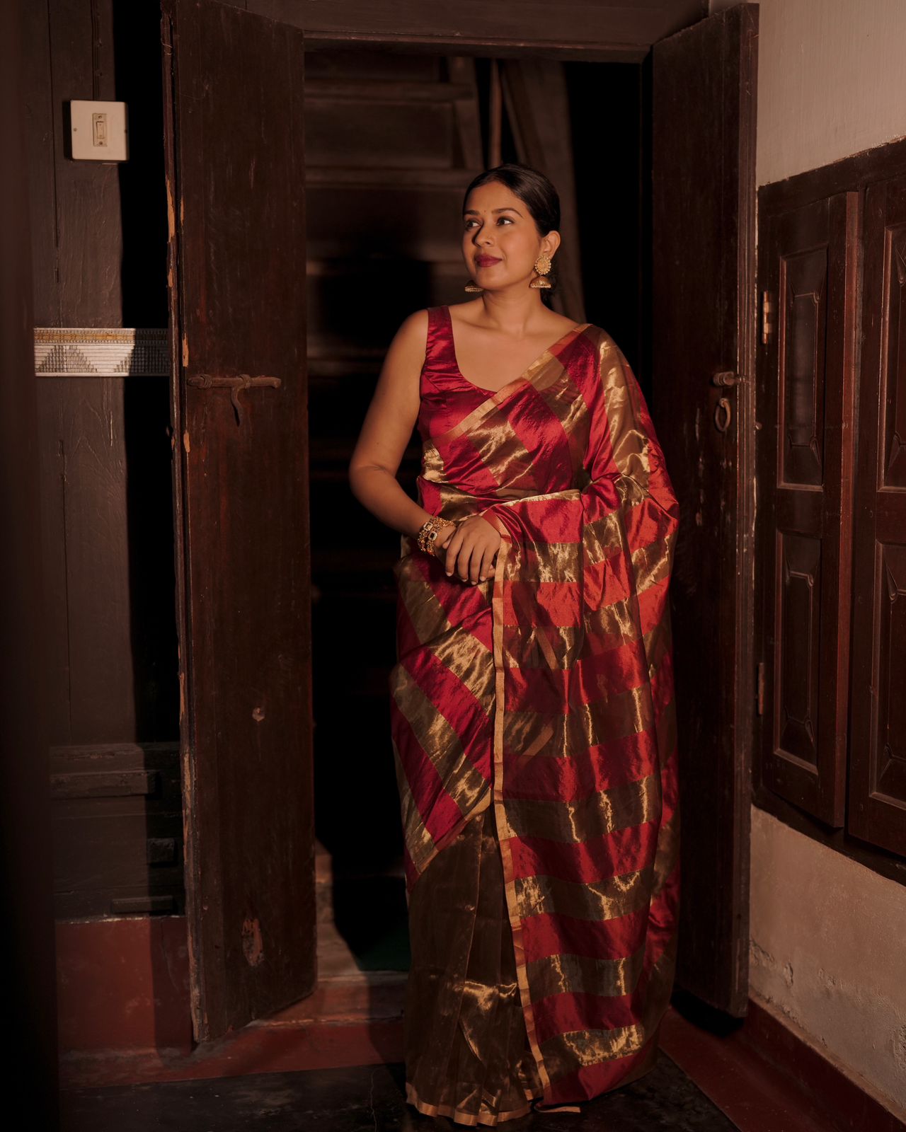 Deep maroon and gold chanderi saree with zari stripes