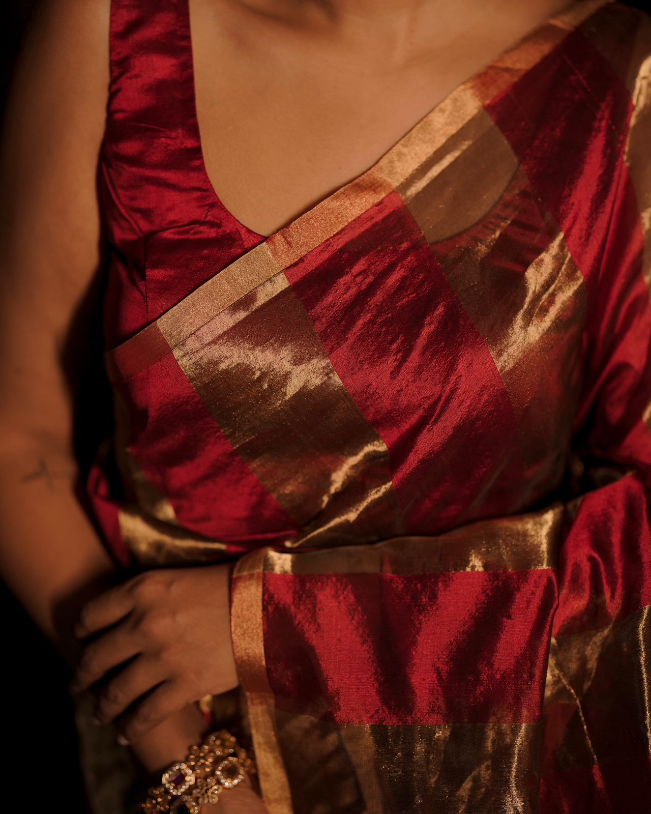 Deep maroon and gold chanderi saree with zari stripes
