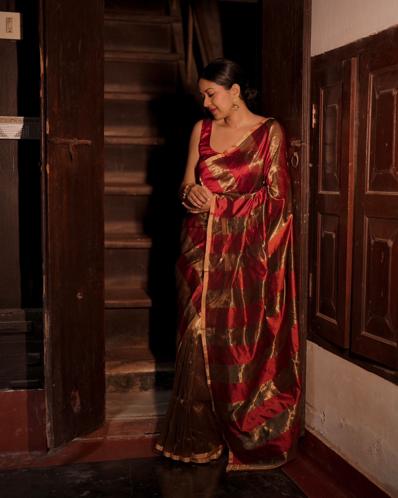 Deep maroon and gold chanderi saree with zari stripes