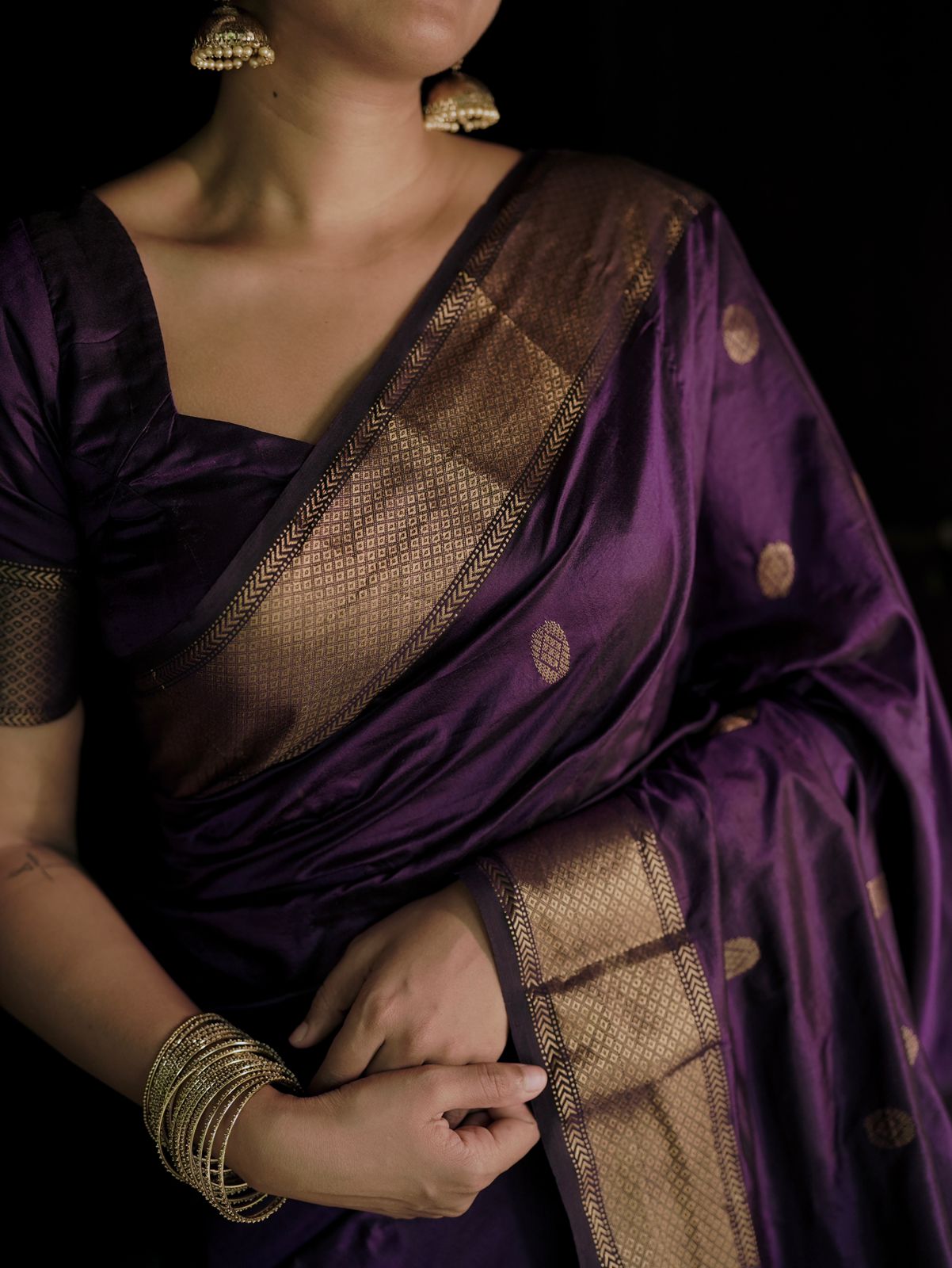 Dark purple Maheshwari silk saree with zari bootis all over