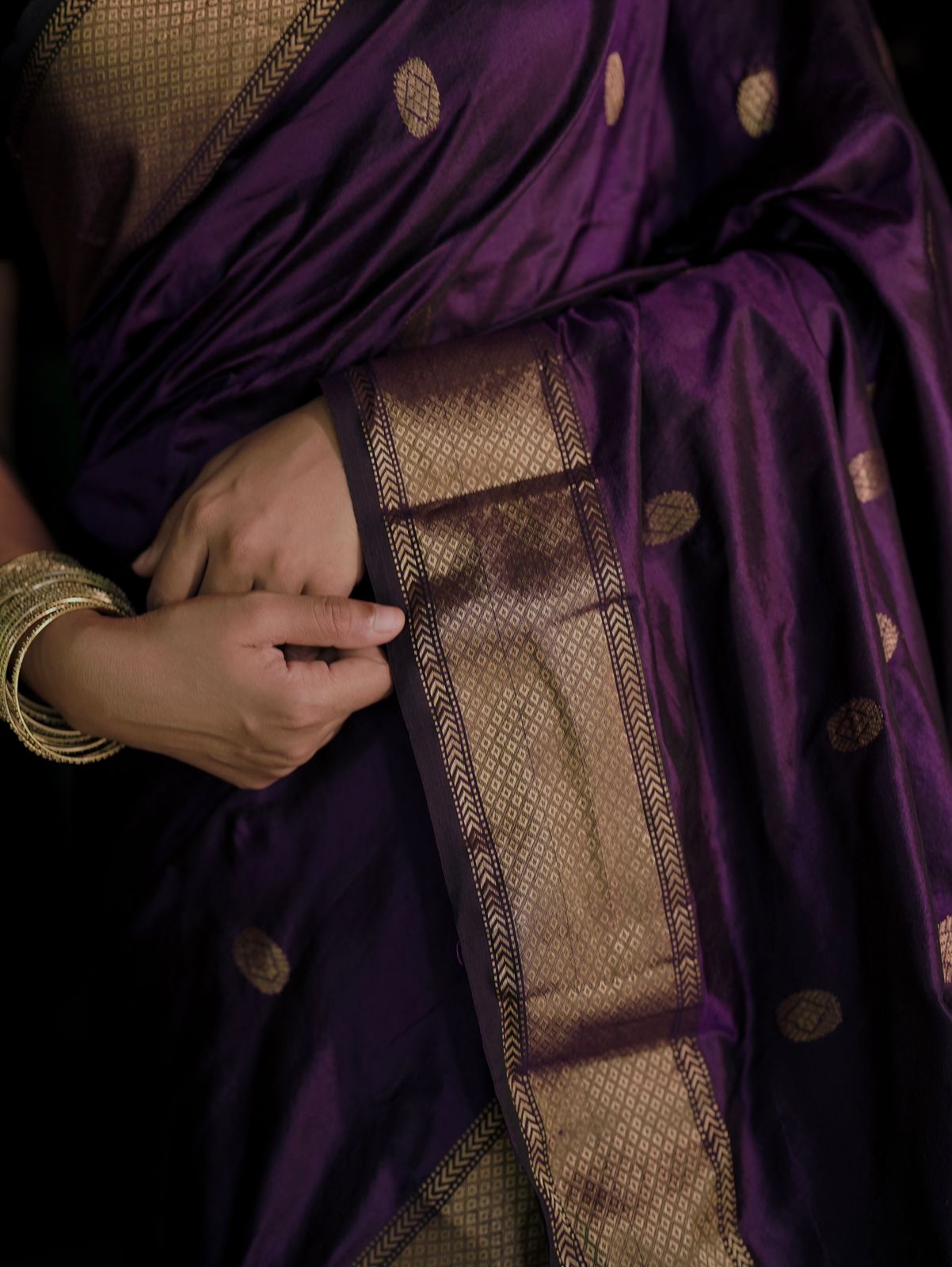 Dark purple Maheshwari silk saree with zari bootis all over