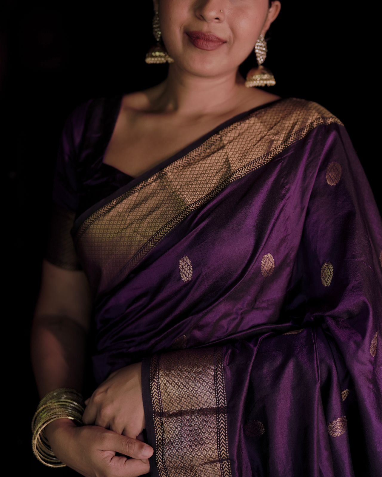Dark purple Maheshwari silk saree with zari bootis all over