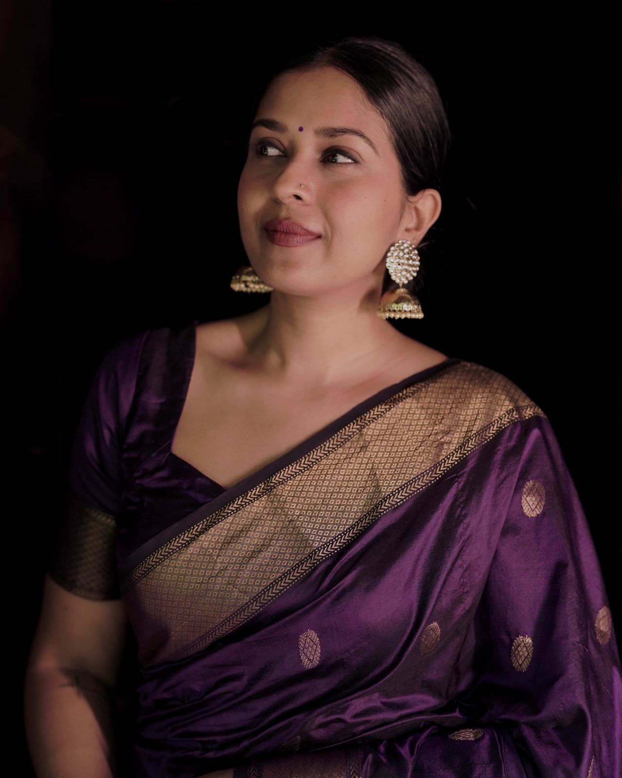 Dark purple Maheshwari silk saree with zari bootis all over