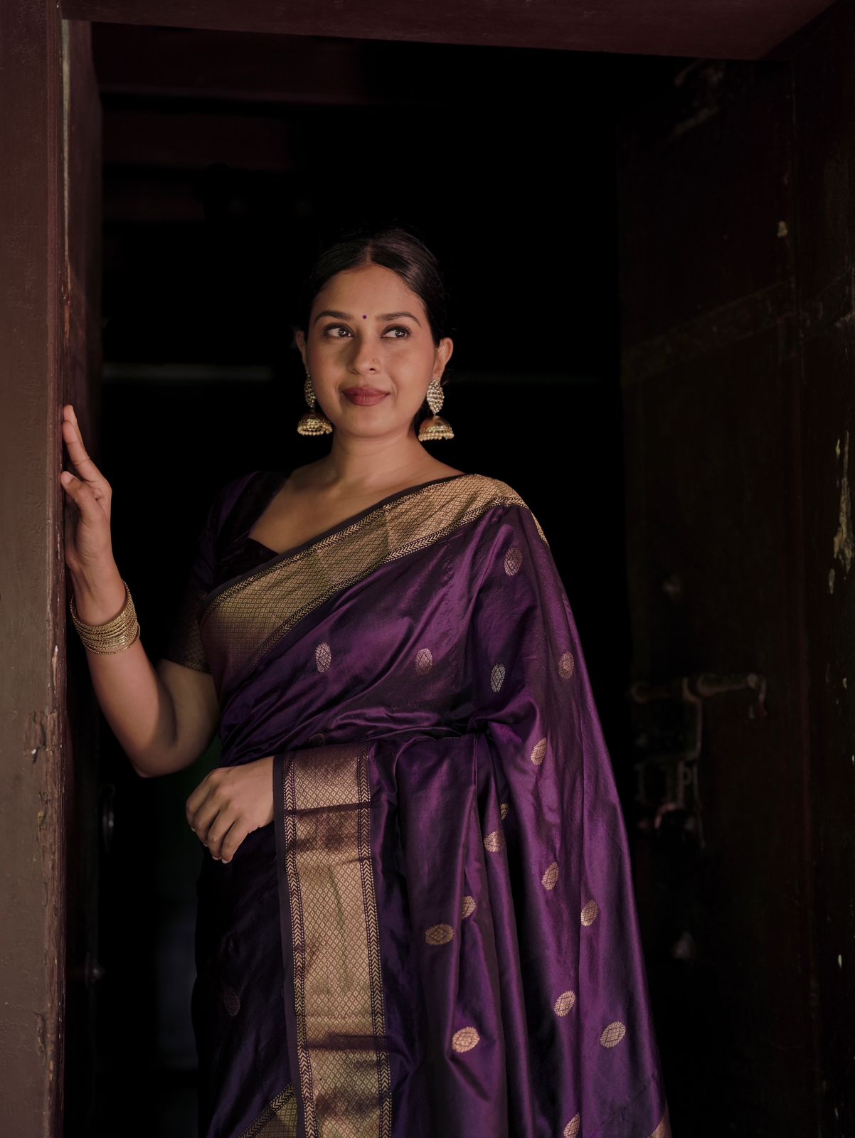 Dark purple Maheshwari silk saree with zari bootis all over