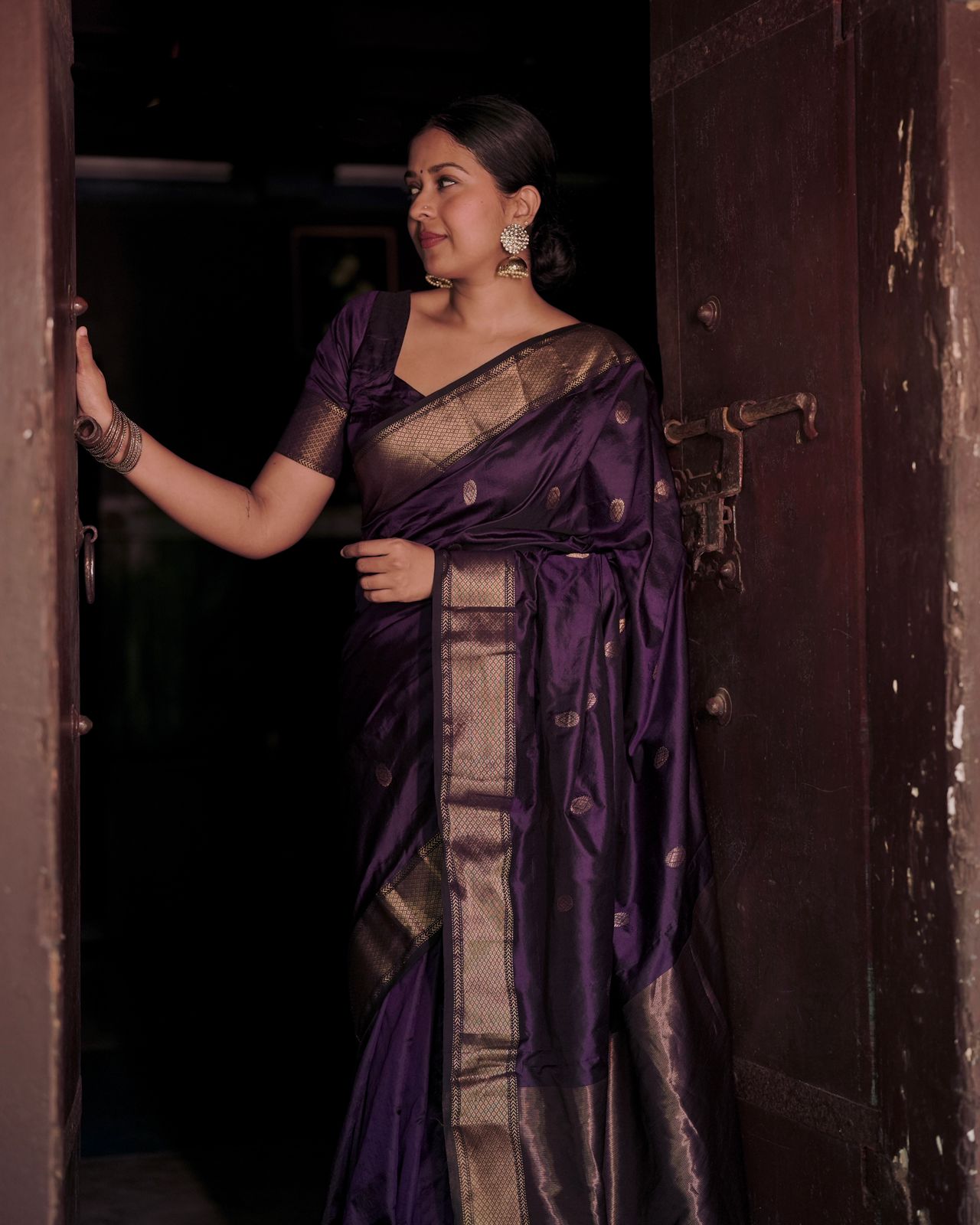 Dark purple Maheshwari silk saree with zari bootis all over