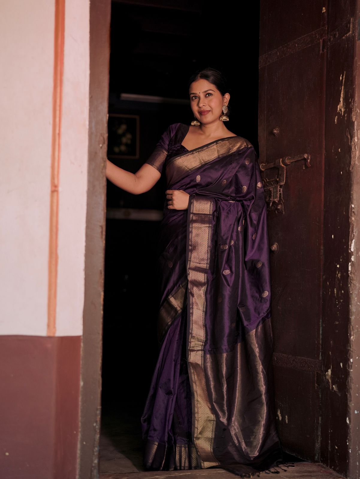 Dark purple Maheshwari silk saree with zari bootis all over