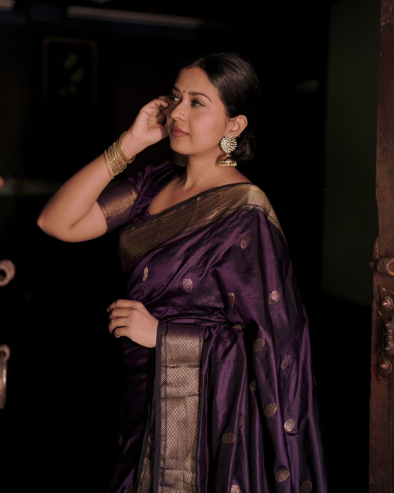 Dark purple Maheshwari silk saree with zari bootis all over