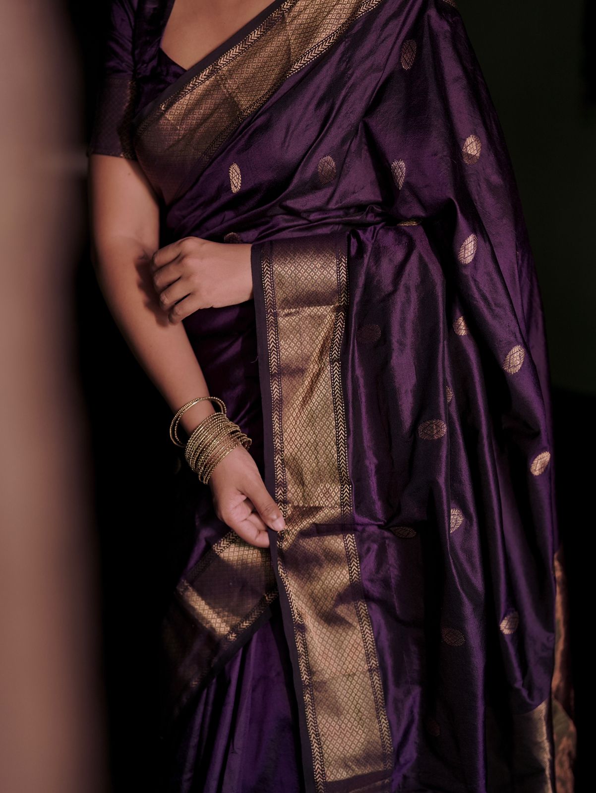 Dark purple Maheshwari silk saree with zari bootis all over
