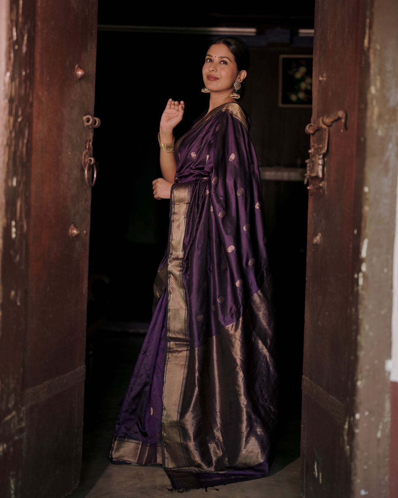 Dark purple Maheshwari silk saree with zari bootis all over