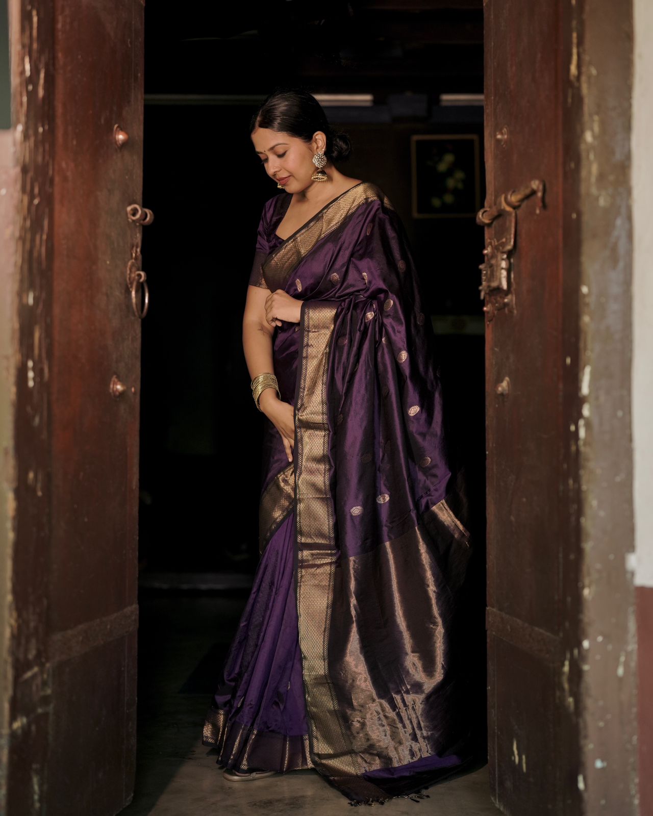 Dark purple Maheshwari silk saree with zari bootis all over