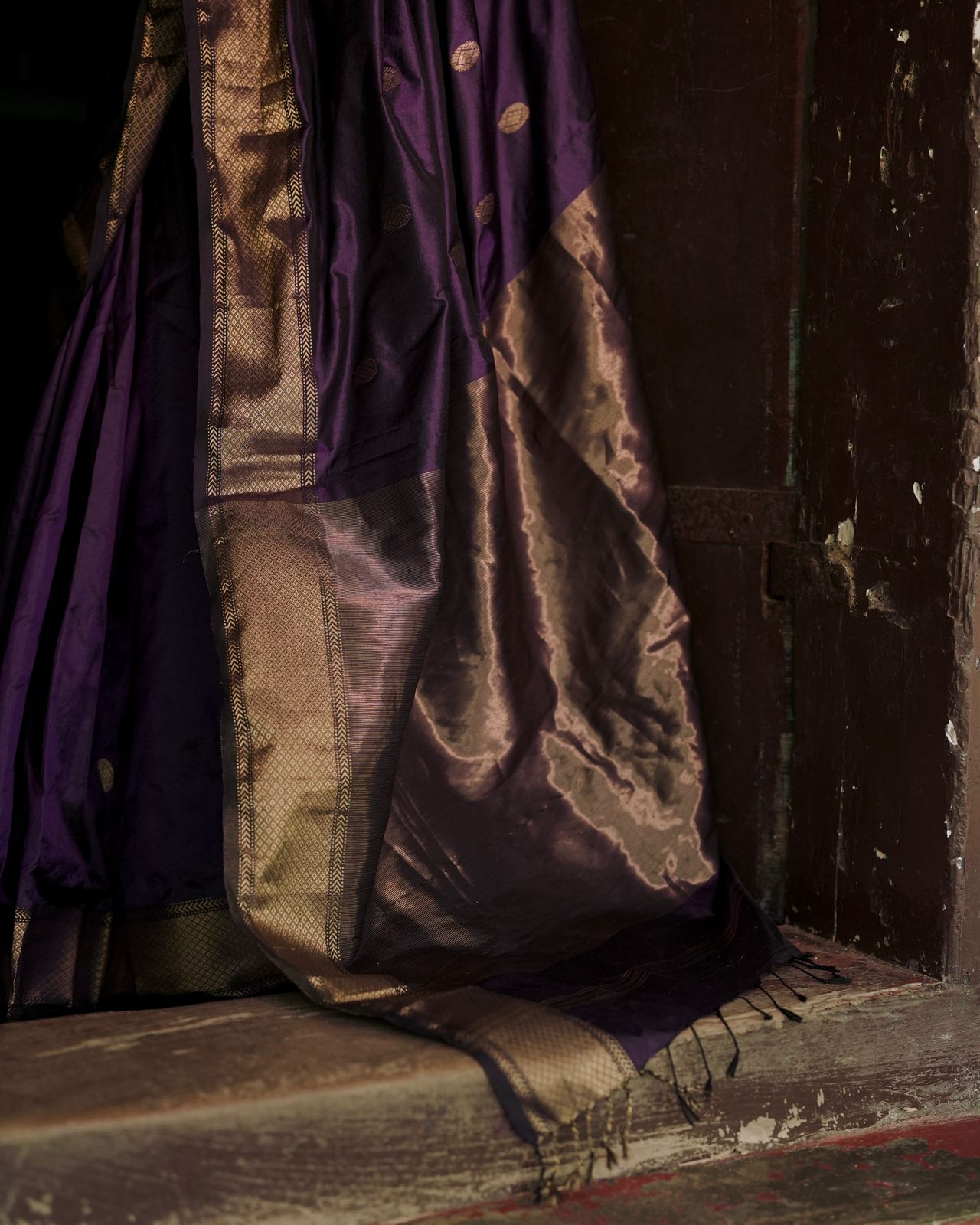 Dark purple Maheshwari silk saree with zari bootis all over