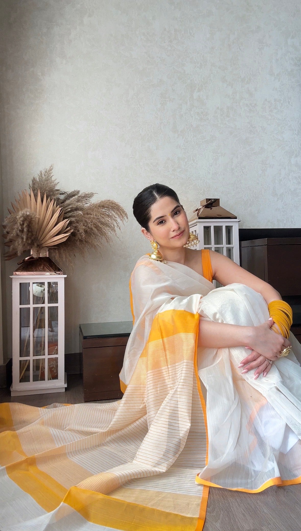 White & Yellow Maheshwari Saree