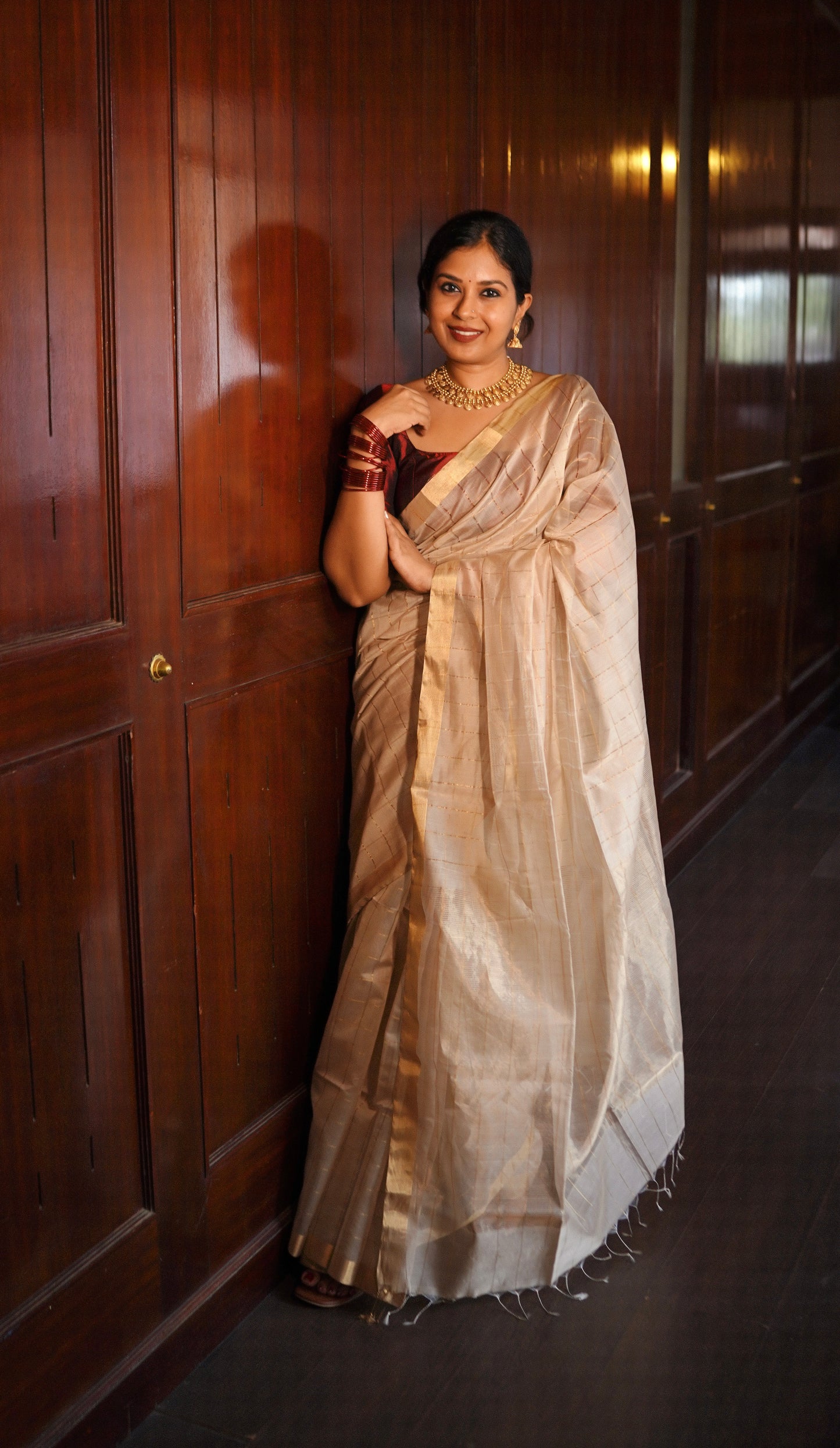 Light Beige Maheshwari Saree with Zari checks all over