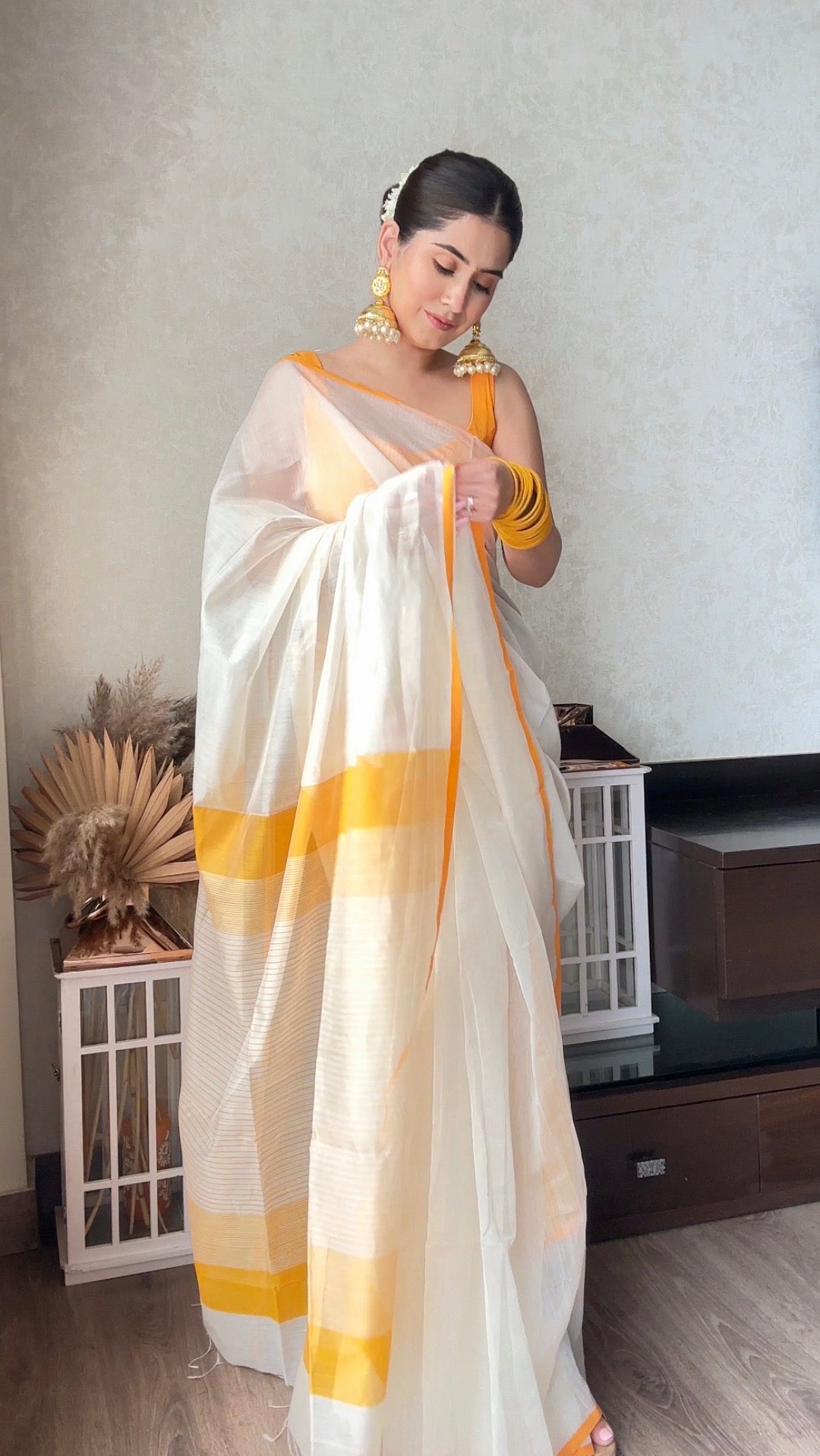 White & Yellow Maheshwari Saree