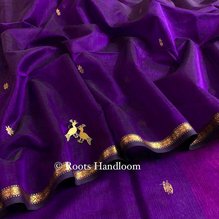 Dark Purple & Pink Maheshwari Saree with Flower Bootis all over