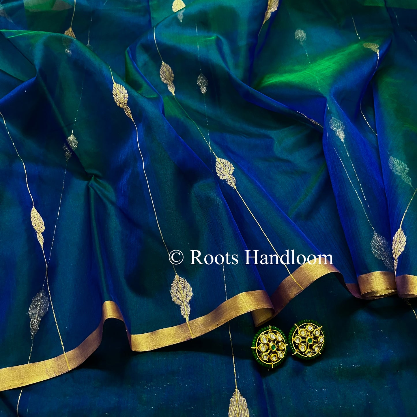 Peacock Blue & Green Dual Tone Chanderi Organza Silk Saree with Jhumka Motifs all over