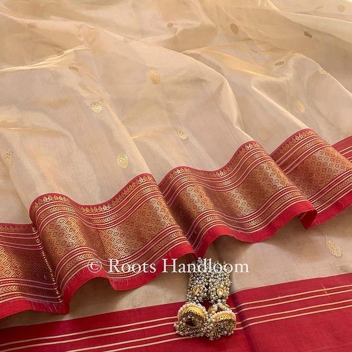 Gold Beige & Red Chanderi Silk Saree with Zari bootis all over