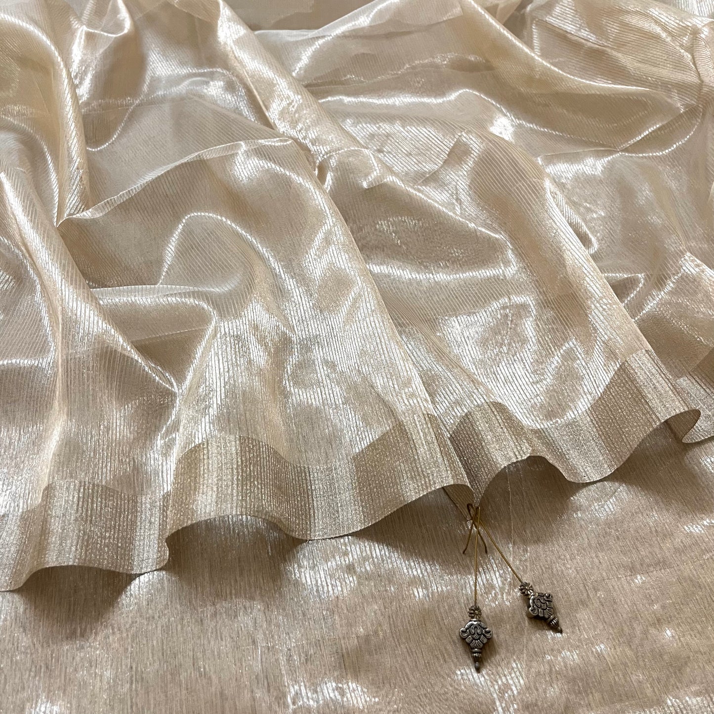 Champagne Maheshwari Saree with Zari Lines all over