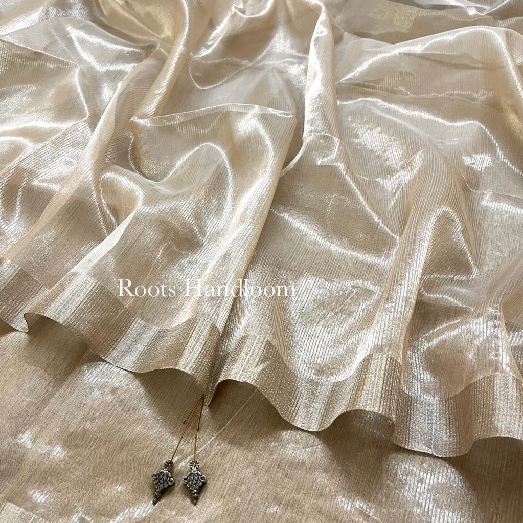 Champagne Maheshwari Saree with Zari Lines all over