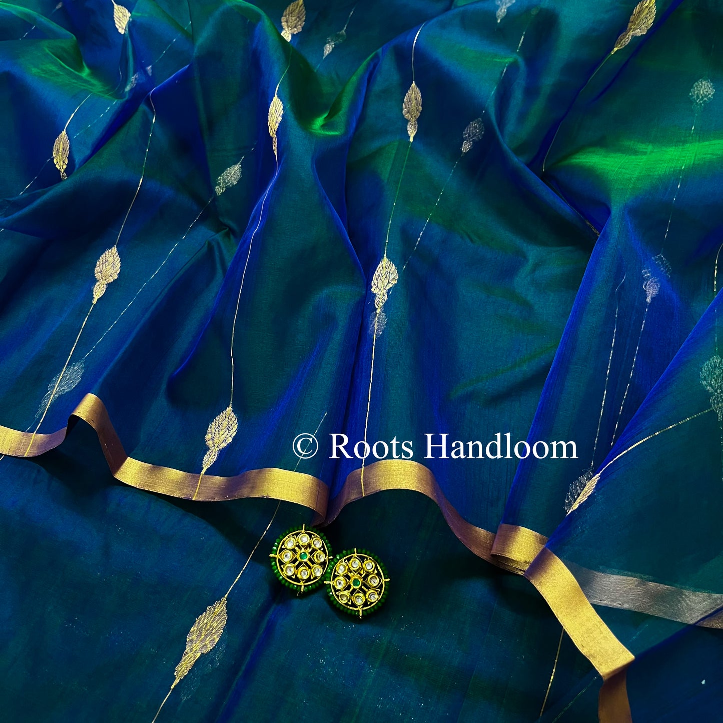 Peacock Blue & Green Dual Tone Chanderi Organza Silk Saree with Jhumka Motifs all over