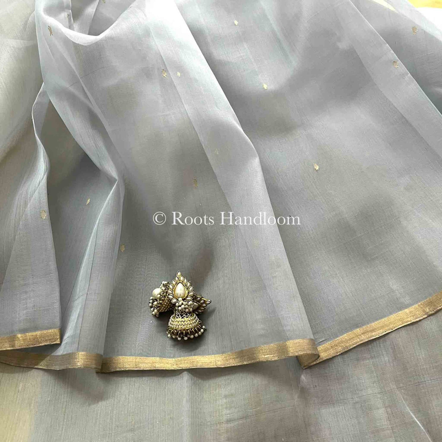 Gold Olive & Grey Chanderi Organza Silk Saree with Zari Bootis all over