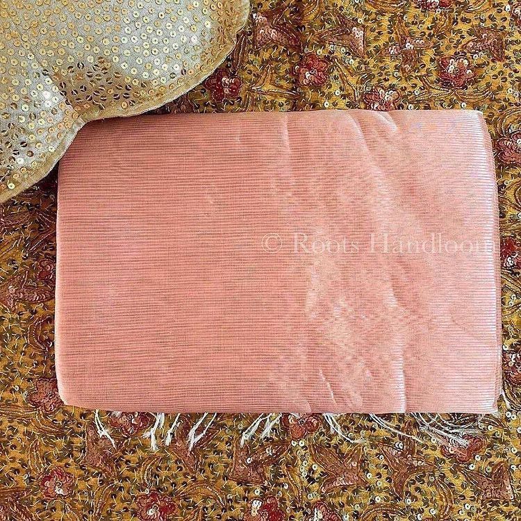 Peachish Pink Maheshwari saree with Silver Zari lines all over