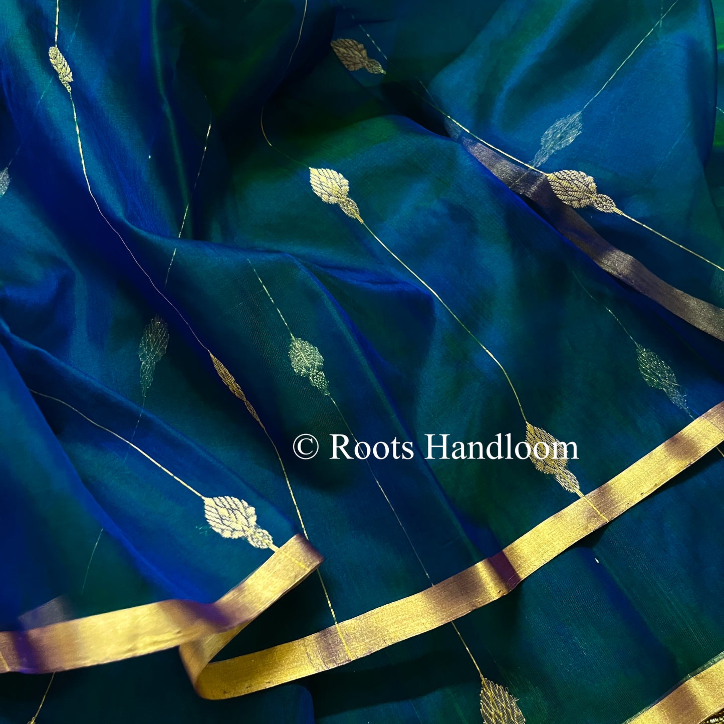 Peacock Blue & Green Dual Tone Chanderi Organza Silk Saree with Jhumka Motifs all over