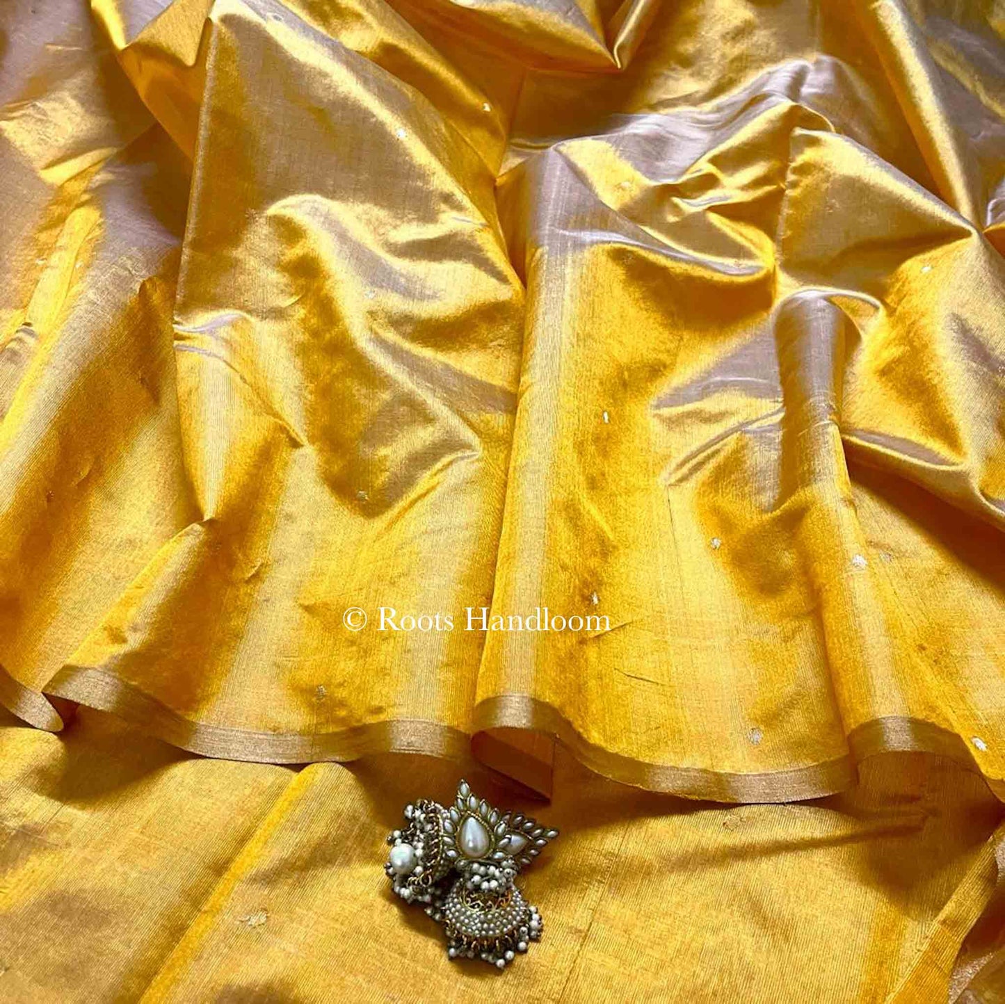 Amber Gold Chanderi Silk Saree with Zari Bootis all over
