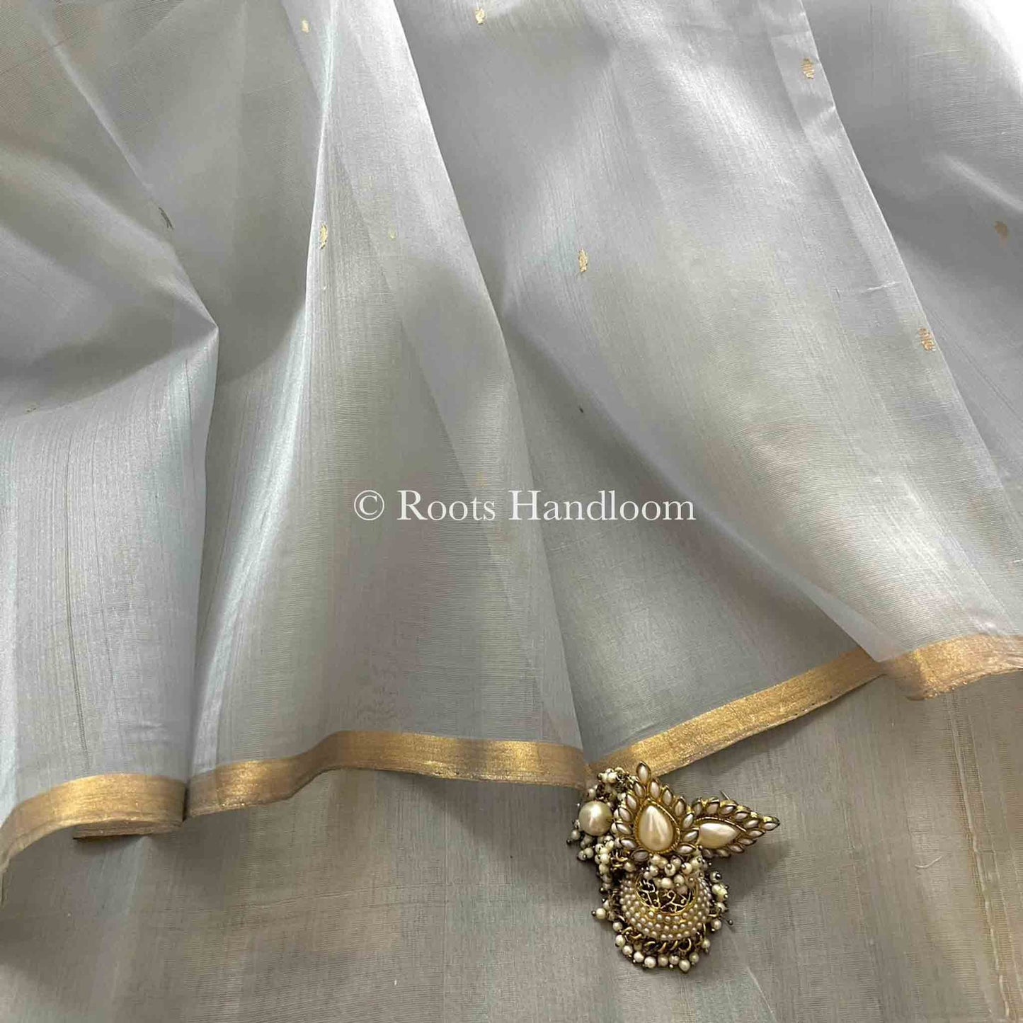 Gold Olive & Grey Chanderi Organza Silk Saree with Zari Bootis all over