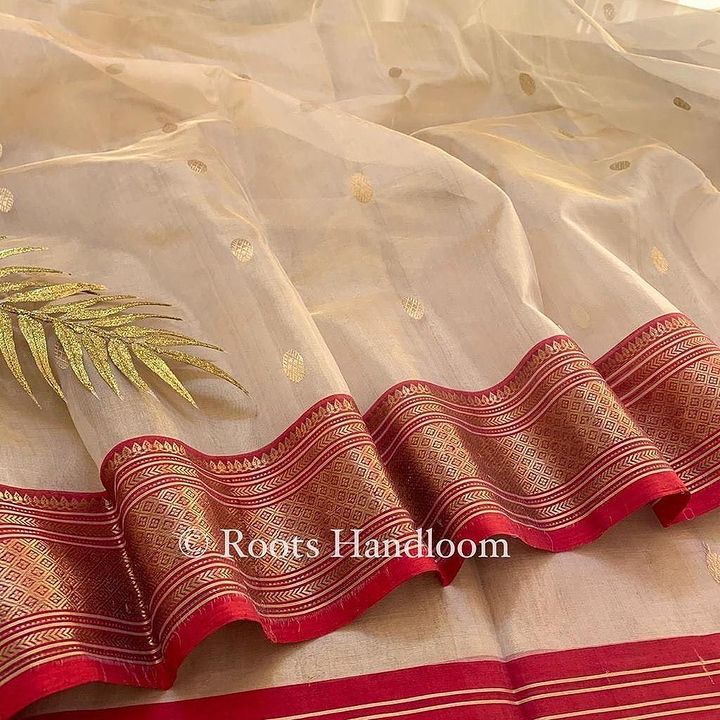 Gold Beige & Red Chanderi Silk Saree with Zari bootis all over