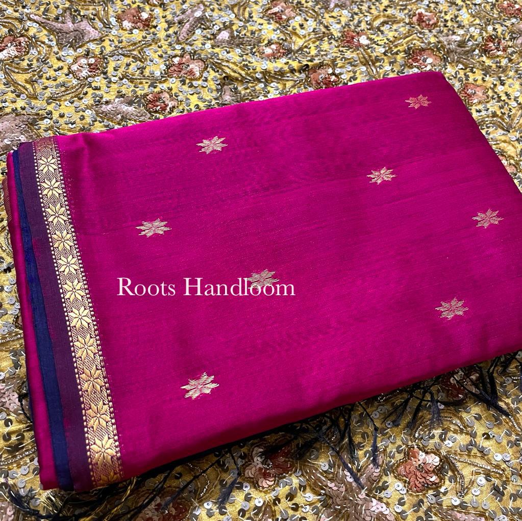 Dark Purple & Pink Maheshwari Saree with Flower Bootis all over