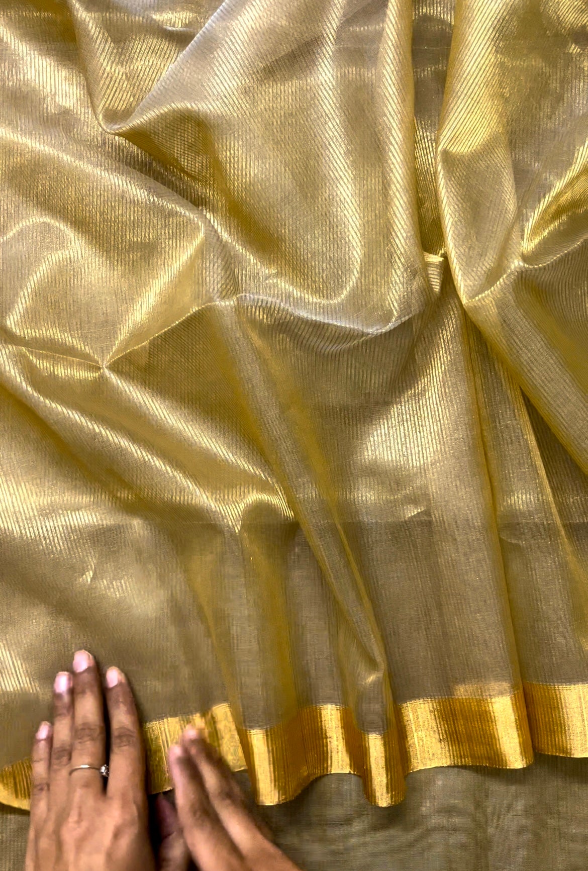 Olive Gold Maheshwari Saree with Zari lines all over