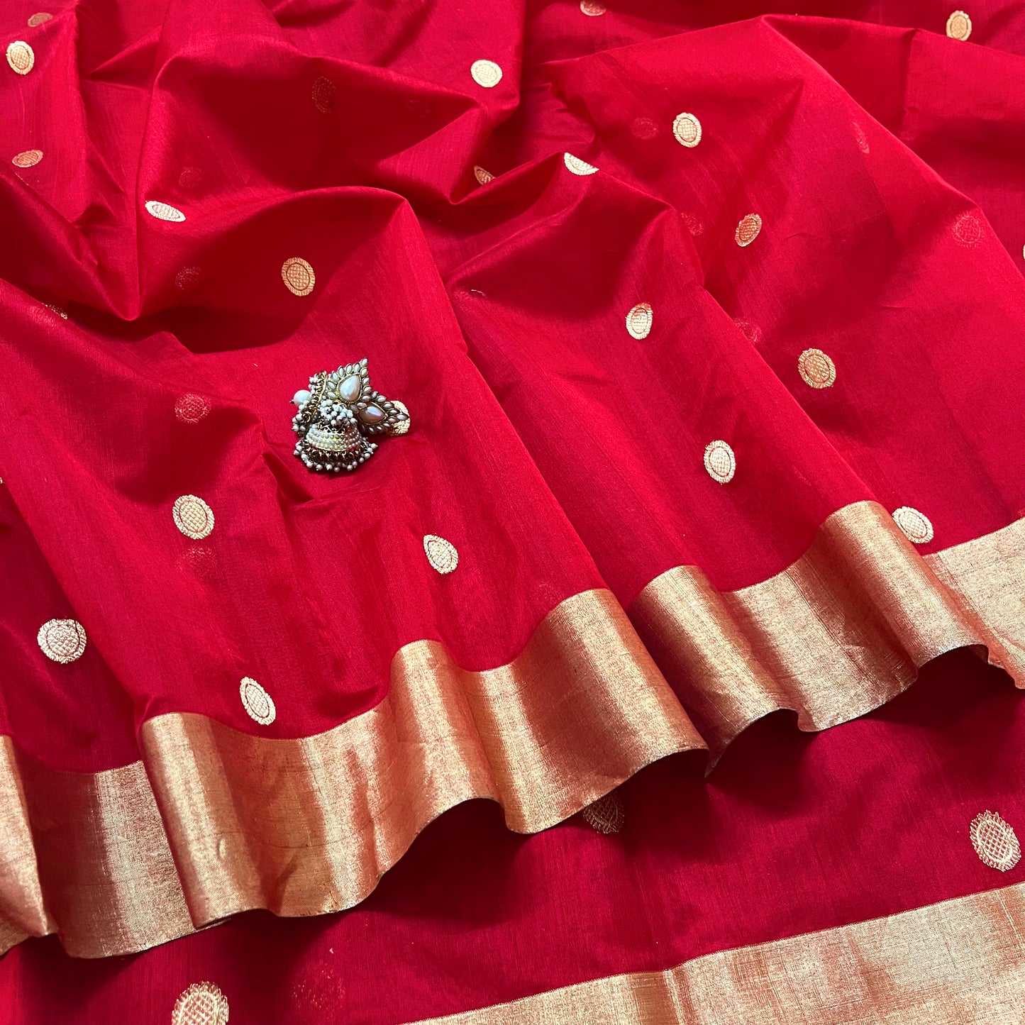 Red Chanderi Saree with zari bootis all over