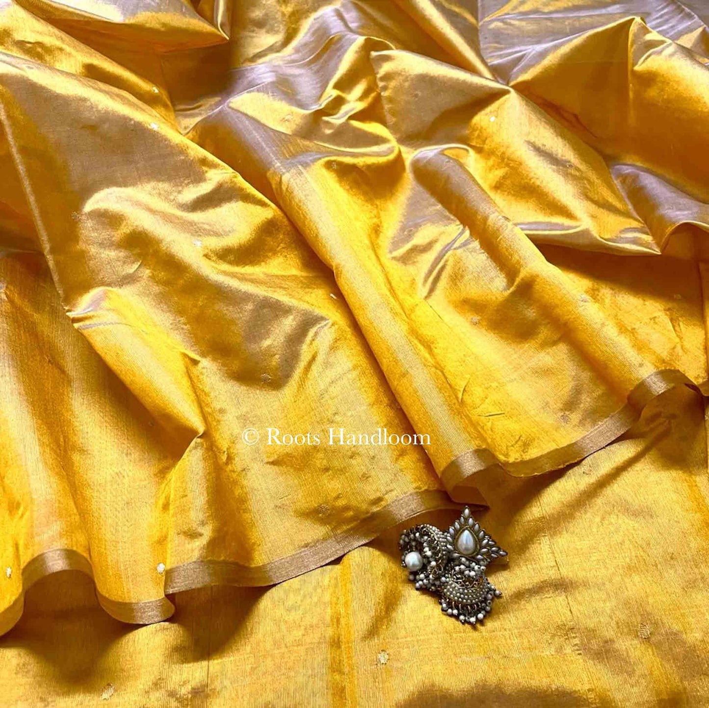 Amber Gold Chanderi Silk Saree with Zari Bootis all over