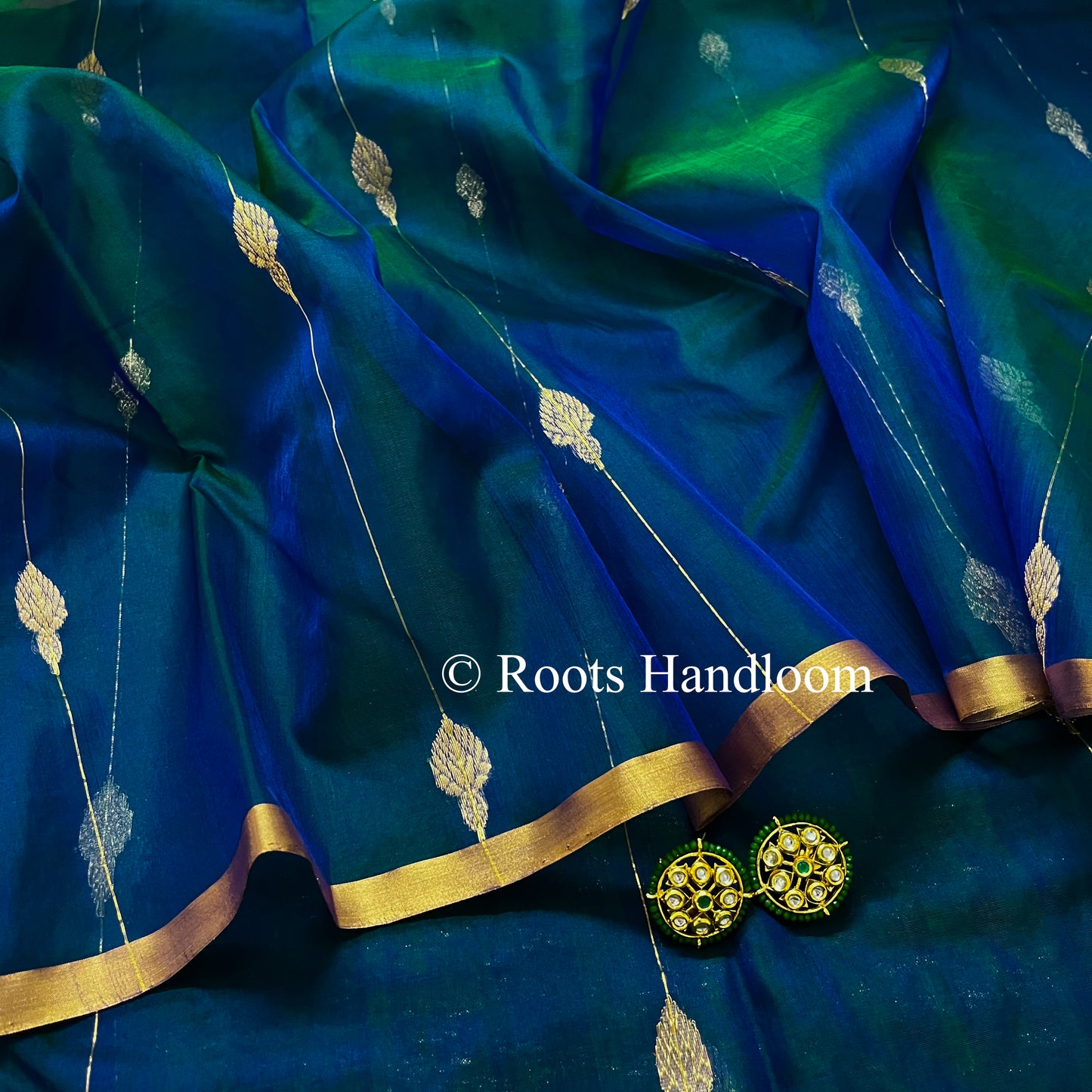 Peacock Blue & Green Dual Tone Chanderi Organza Silk Saree with Jhumka Motifs all over