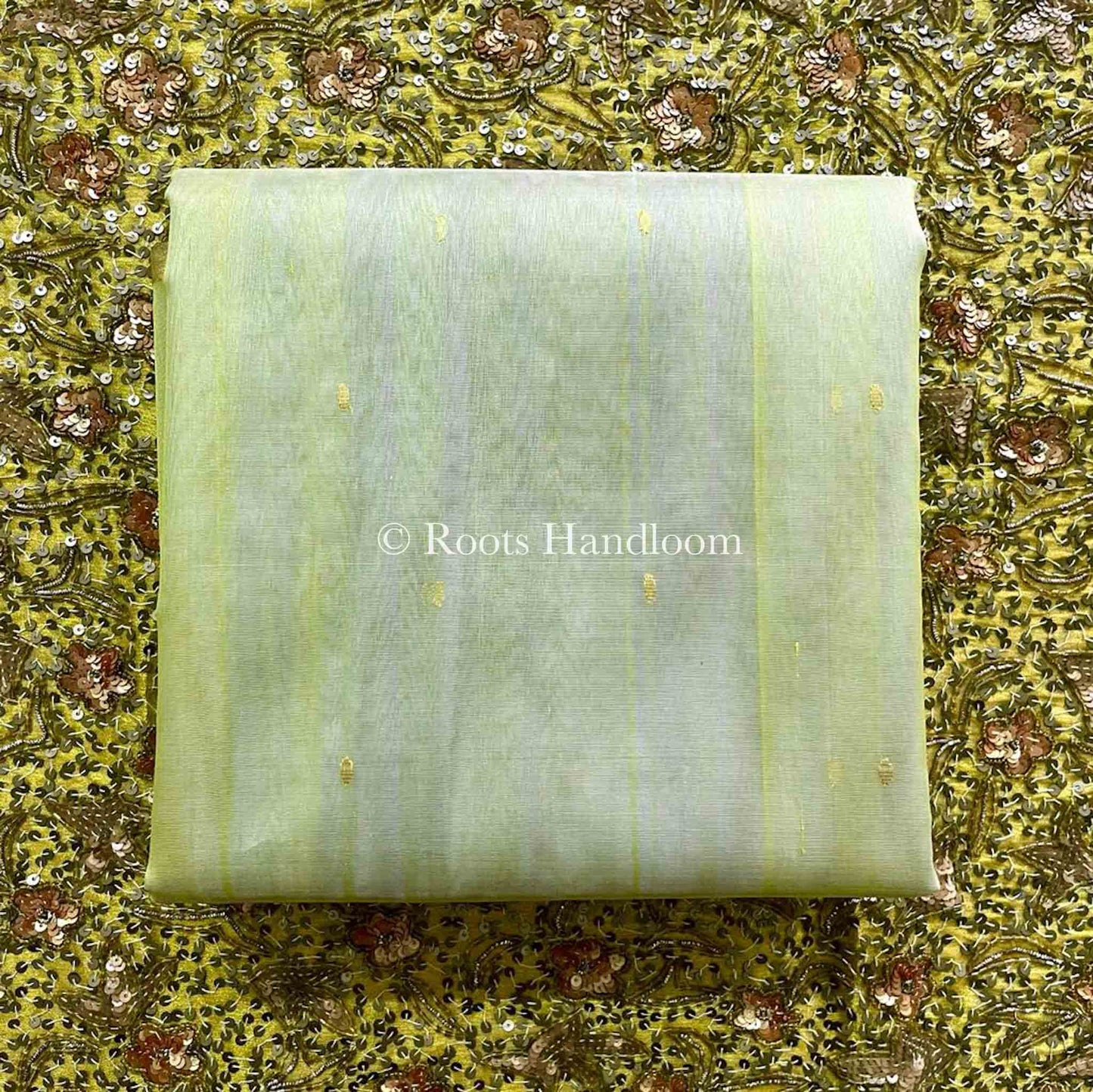 Gold Olive & Grey Chanderi Organza Silk Saree with Zari Bootis all over