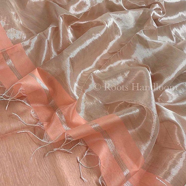 Peachish Pink Maheshwari saree with Silver Zari lines all over