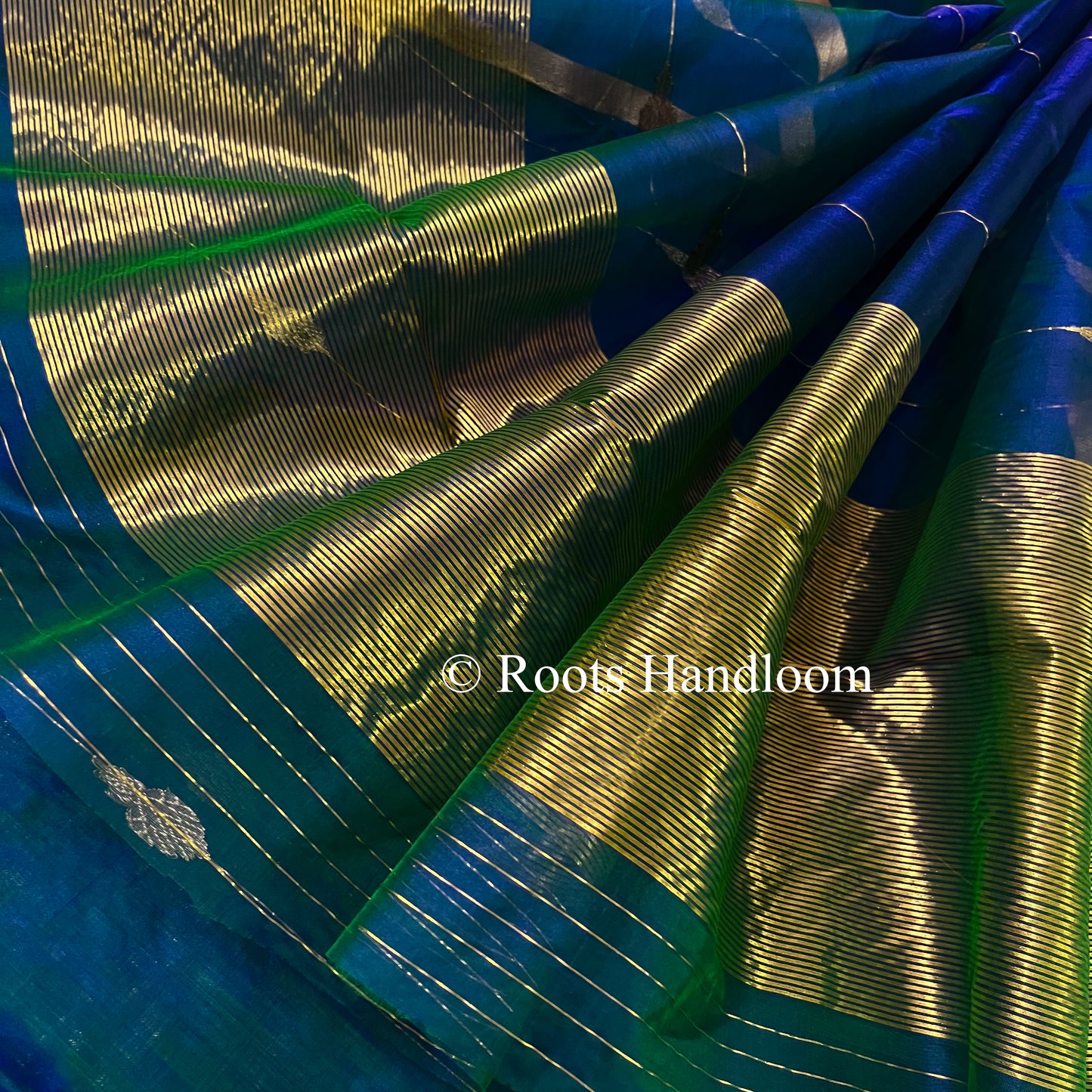 Peacock Blue & Green Dual Tone Chanderi Organza Silk Saree with Jhumka Motifs all over