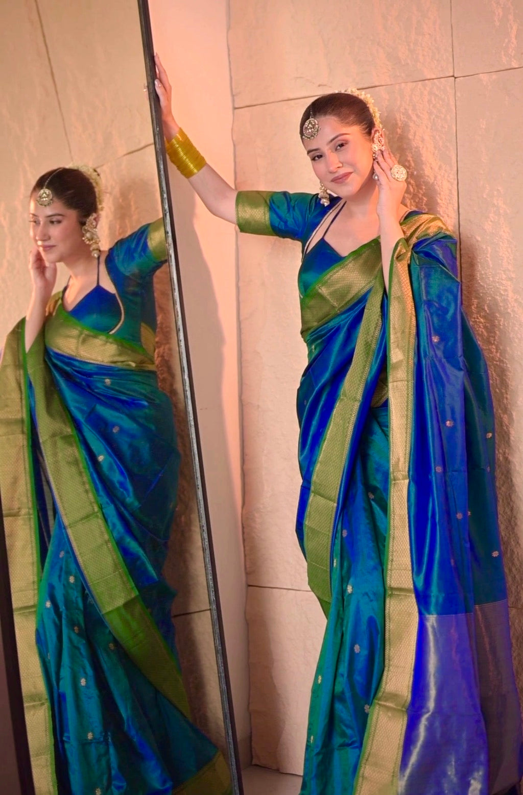 Peacock blue and green dual tone Maheshwari silk saree with zari bootis all over