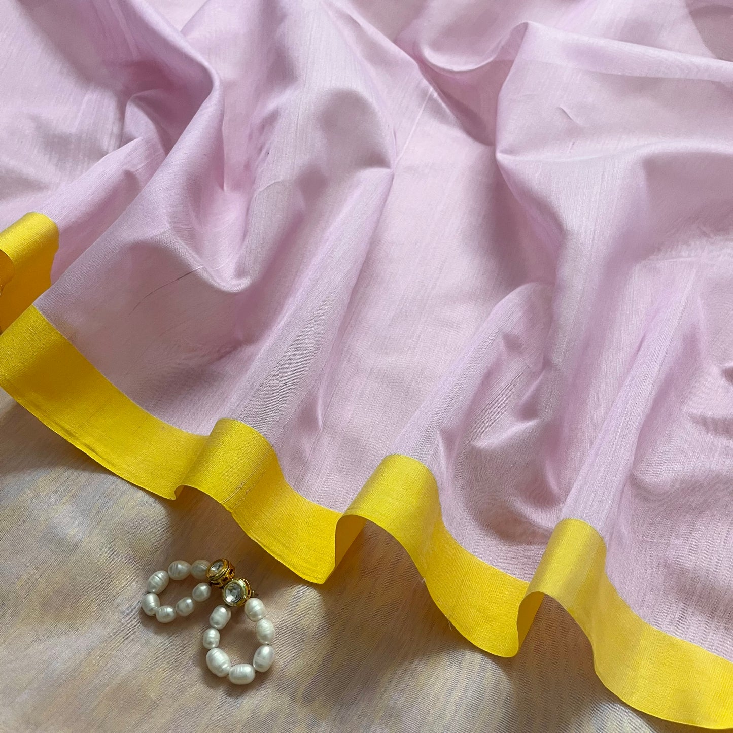 Pink and lemon Chanderi saree with zari lines on pallu