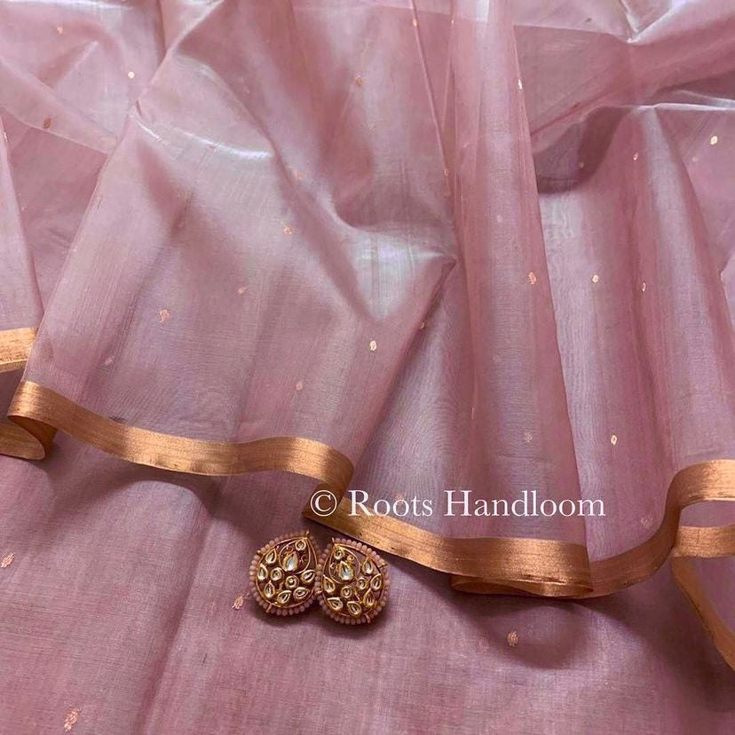 Dusty pink chanderi silk saree with zari bootis all over