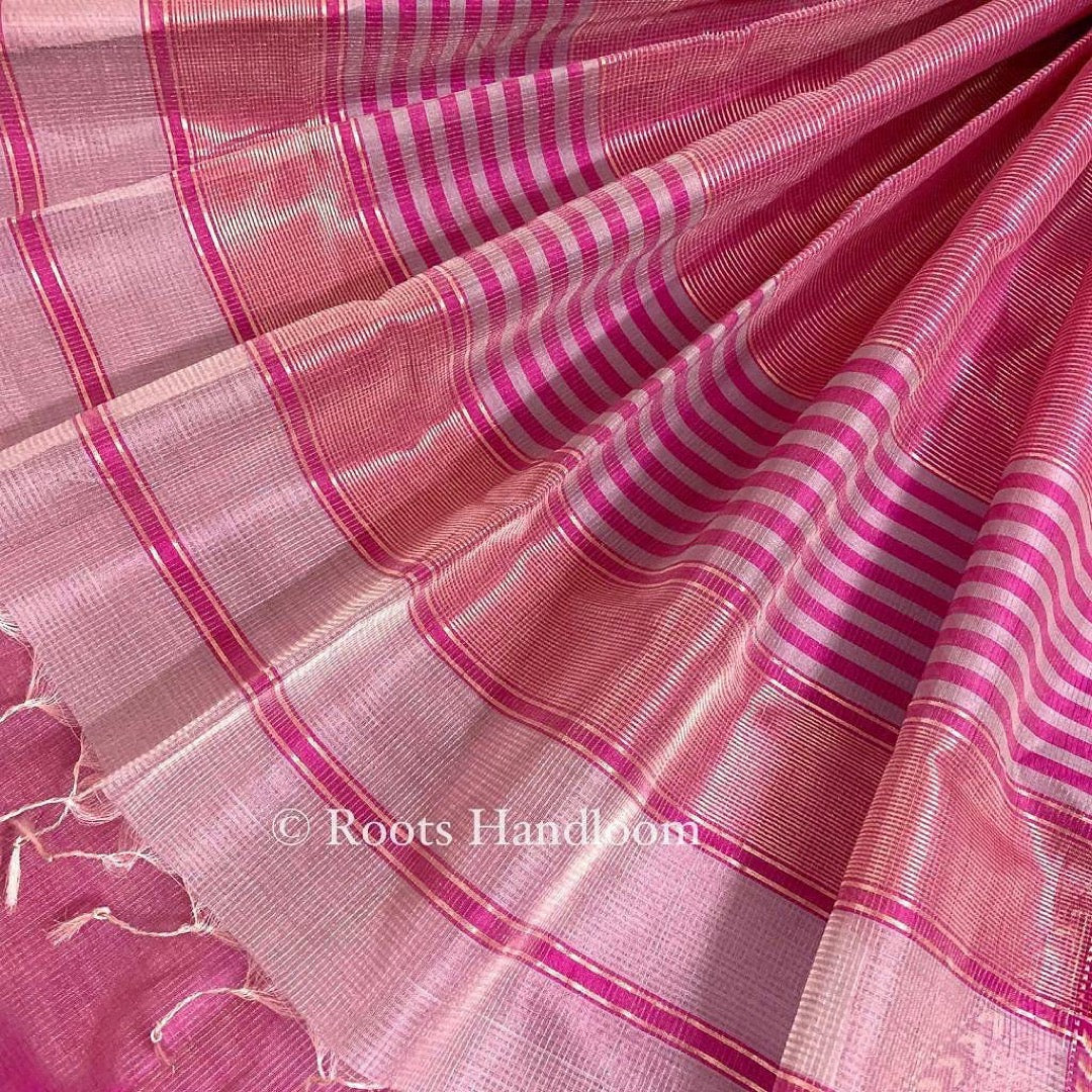 Grey & pink maheshwari saree with zari lines all over