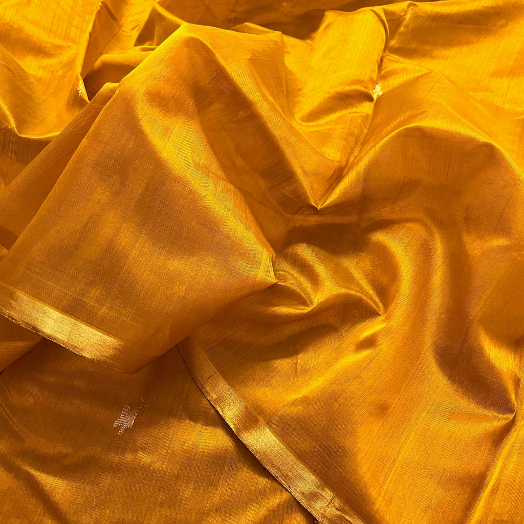 Ready to wear | Mustard Gold Chanderi Silk Saree with Flower Bootis all over