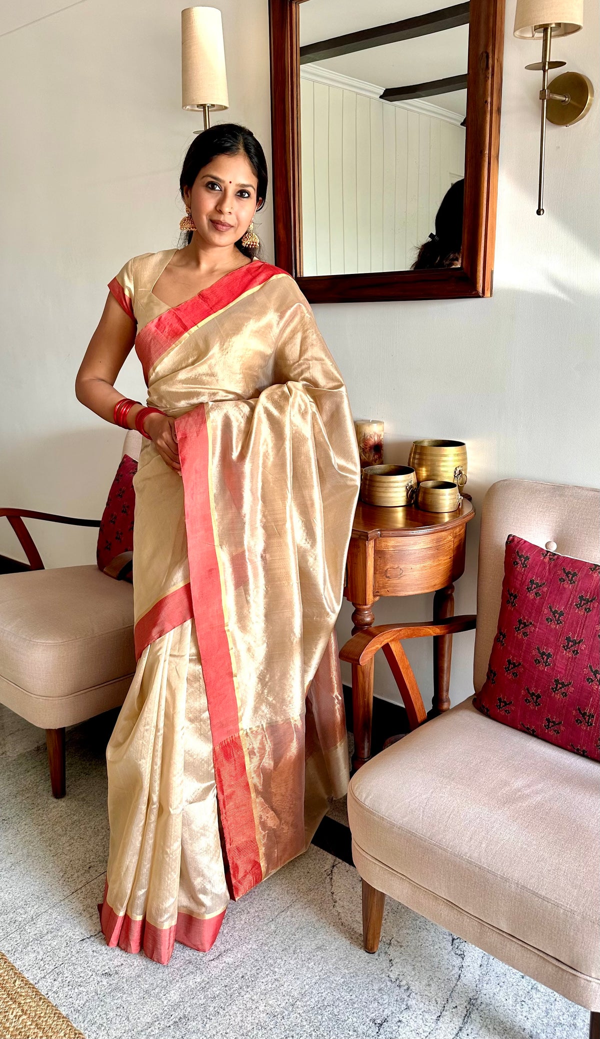 Beige & Red Chanderi Silk Saree with Zari Lines on Pallu