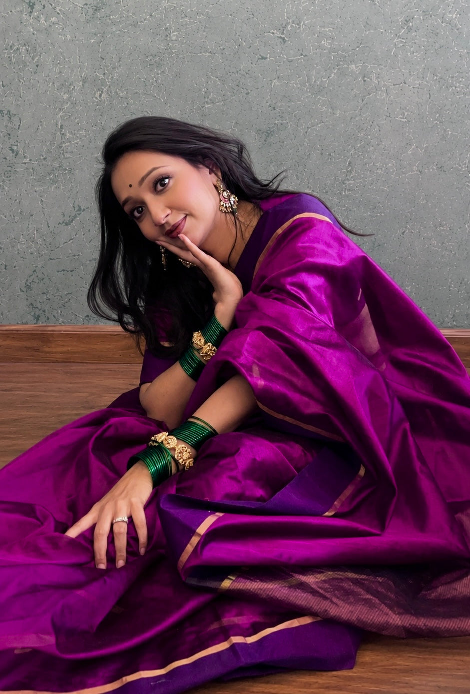 Plum & Blue Chanderi silk saree with zari lines on pallu