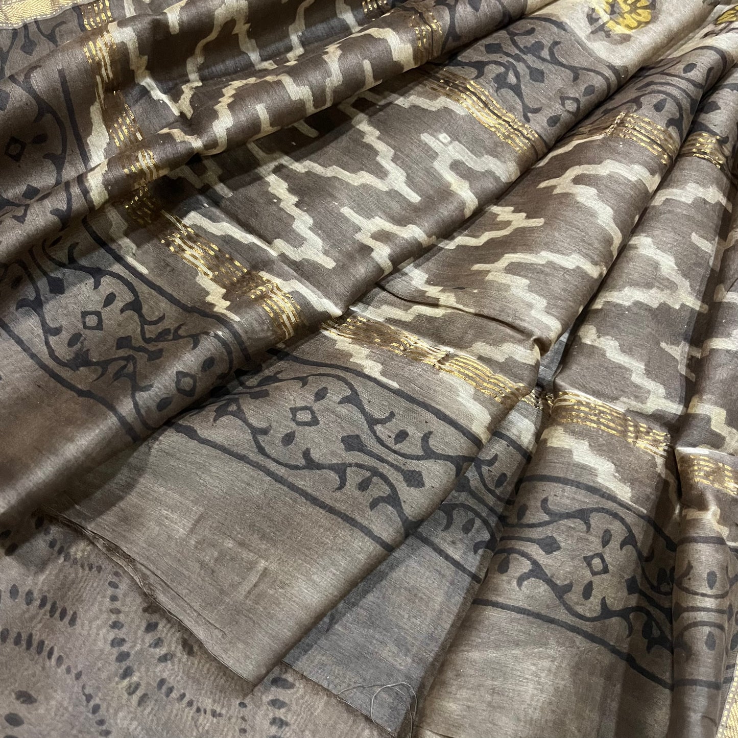 Grey Maheshwari saree with ajrakh print all over
