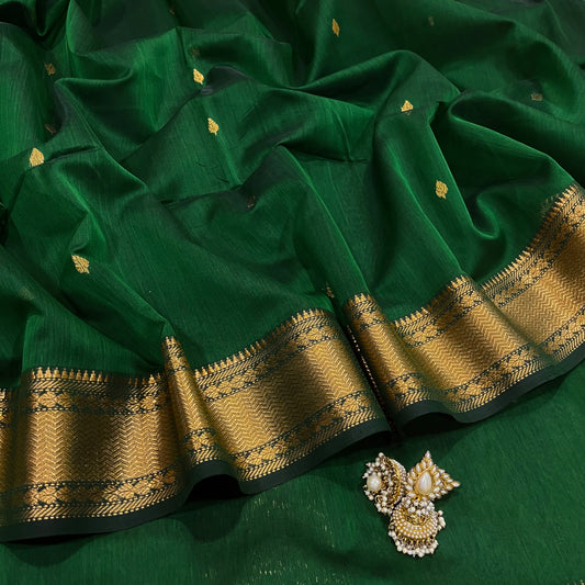 Bottle green Maheshwari saree with zari bootis and zari border