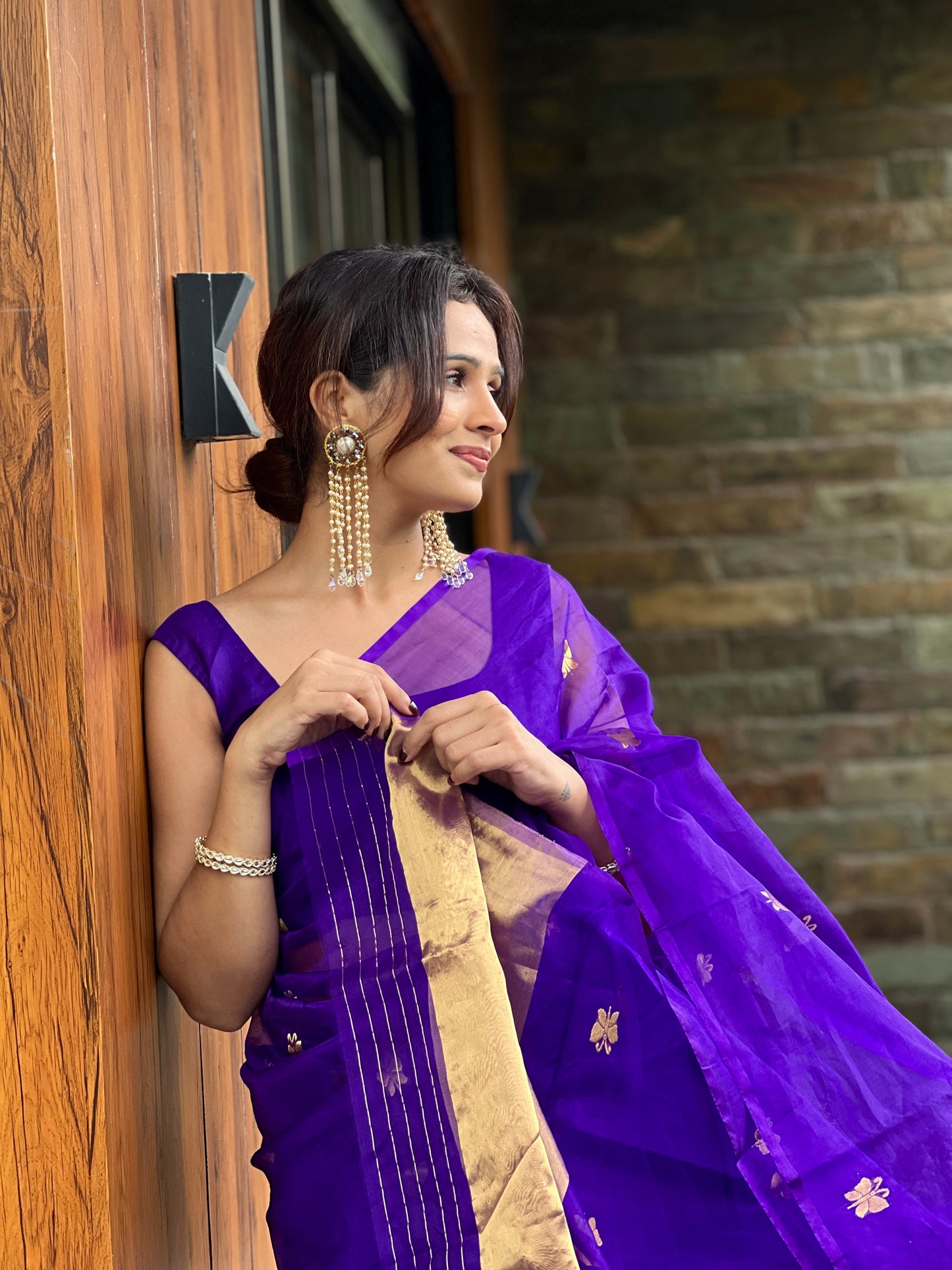 Dark purple chanderi organza silk saree with butterfly motifs all over