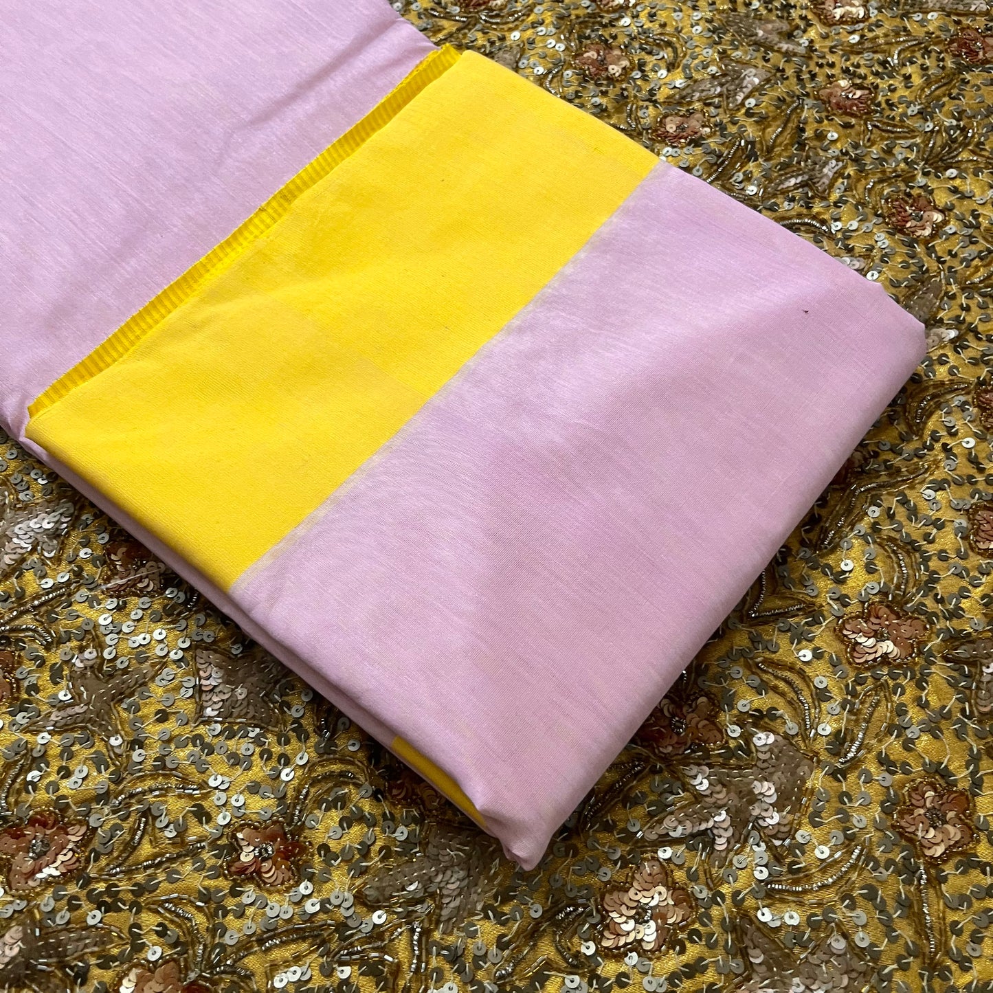 Pink and lemon Chanderi saree with zari lines on pallu