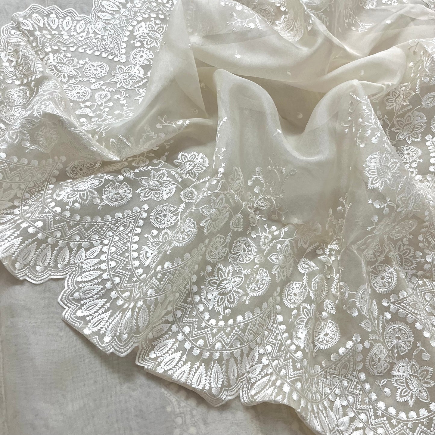Pearl white banarasi organza silk saree with threadwork all over